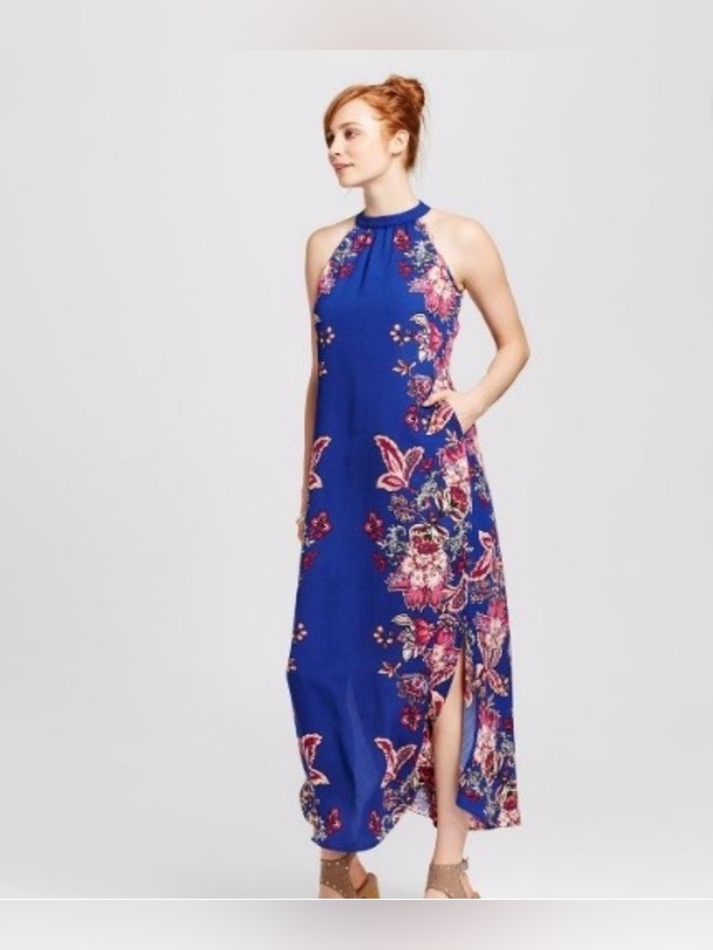 Xhilaration Floral Halter Maxi Dress in Blue
